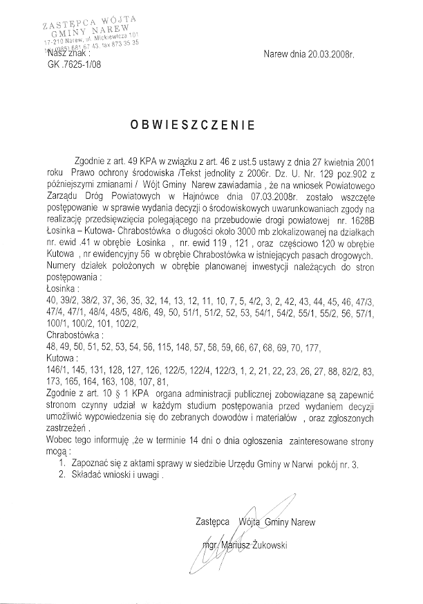 Obwieszczenie o wszczęciu postępowania w sprawie wydania decyzji o środowiskowych uwarunkowaniach zgody na przebudowę drogi powiatowej Łosinka - Kutowa - Chrabostówka